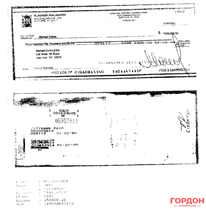 A check for $350,000 written to Michael Cohen. Photo: Yuri Felstinsky